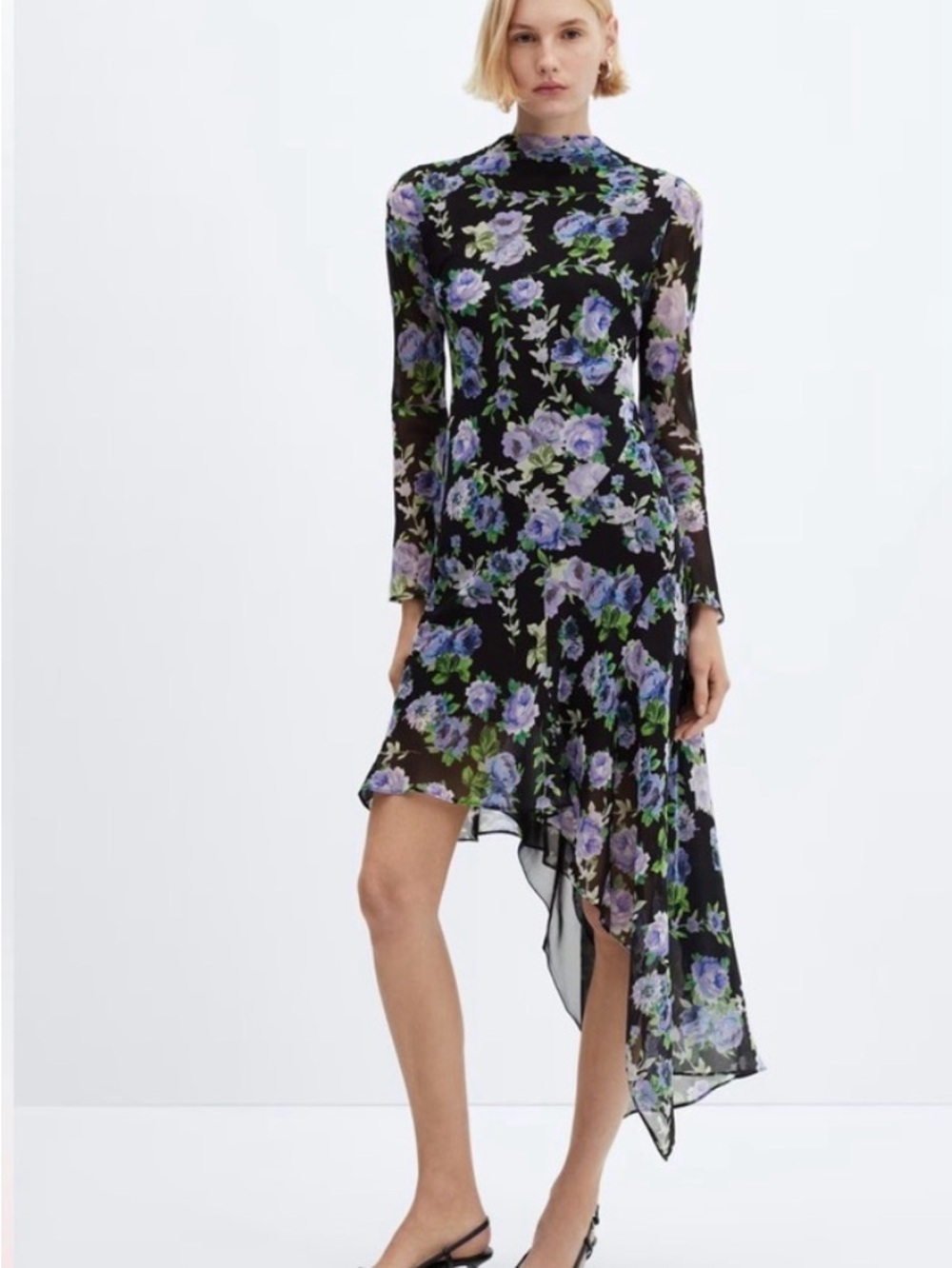Mango Black Asymmetrical Floral Dress with Purple and Green Print